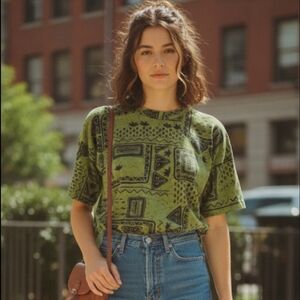 Vintage Croquet Club Green Geo Rad Print Streetwear Crew Neck Short Sleeve Tee M